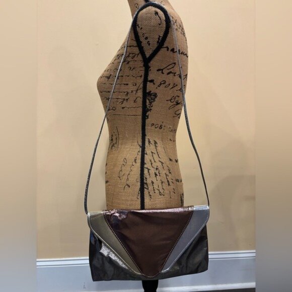 Vintage Gold Silver Bronze Metallic Envelope Crossbody Leather Clutch‎ Purse - Picture 12 of 12